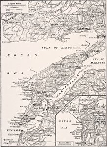 Yksityiskohtainen kartta Gallipolin niemimaan ja Dardanellien Turkista, 1915, Lontoossa 1916 julkaistusta The War Illustrated Album deLuxesta